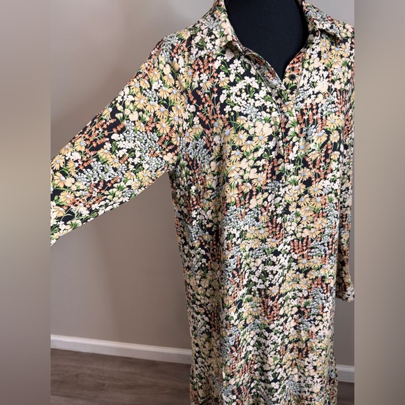 H&M Floral Midi Shirt Dress Cottagecore Prairie Boho Botanical Small - Picture 3 of 7